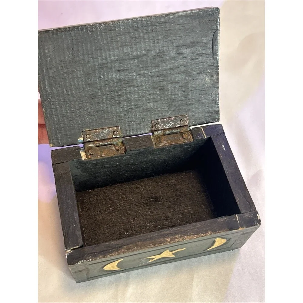 Vintage Celestial Wooden Trinket Box 4x3x3 Sun Moon Stars